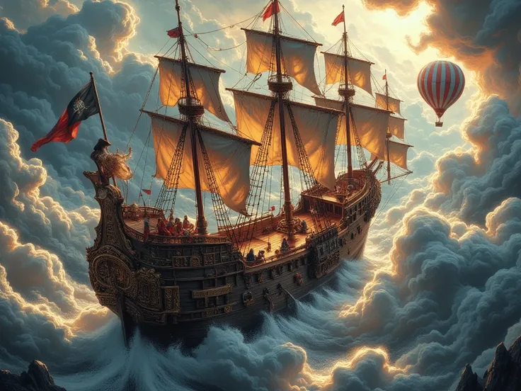 A majestic wooden ship with hot air balloons, in the style of steampunk, floating in the sky, surrounded by clouds and misty light. The scene is full of fantasy elements, with people on board dressed as pirates. The colors used are warm tones such as reds,...