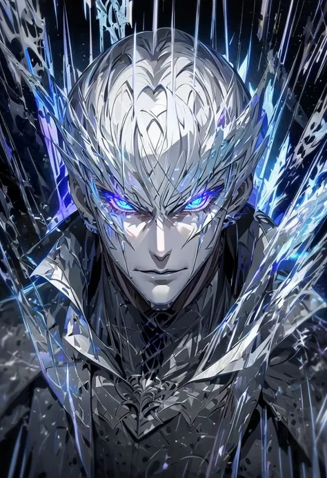 male, solo, handsome, silver hair, shadow, experienced, dark silver general cloak, blue eyes, beautiful eyes,  high detail, villain, middle-age, silver aura, holo, macro picture,  anti hero, parted bang, short hair, feather on shirt, glowing eyes, feathers...