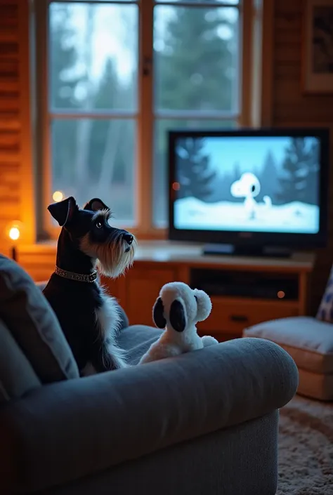  A Schnauzer watching a movie with Snoopy in a summer cabin, There is a window where you can see pine trees in the distance. There are no fireplaces and both dogs are sitting in a gray armchair watching TV