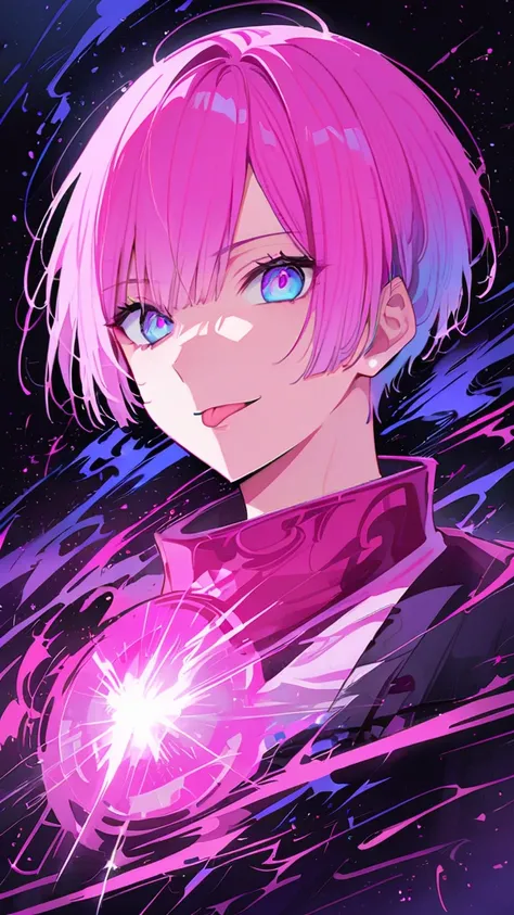  1 person , blue eyes  ,  Pink Hair,  fade cut,fleeting feeling  ,  handsome pink eyes, [Strange Eyes,   tongues with top lights,  With shining eyes,smile, 