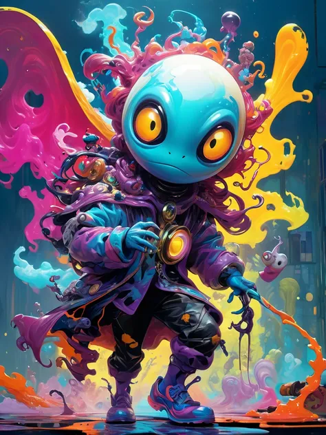 a ghost, oil painting, pop art style, vibrant colors, dynamic composition, Skottie Young and Bill Sienkiewicz inspired, detailed textures, dramatic lighting, surreal elements, fantastical creatures, bold brushstrokes, striking contrast, whimsical atmospher...