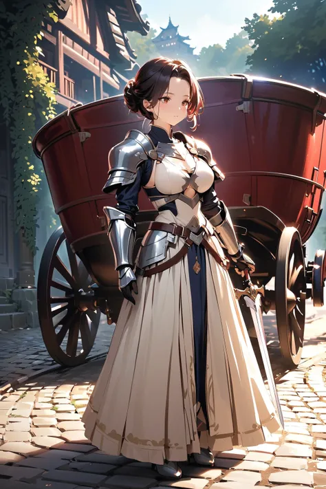 1 girl, (cute face), teenager, various hairstyles, (thoughtful expression), (gazing at the road), large breasts, slim, (wearing fantasy game style knight armor), above knee length, (porcelain skin),  
BREAK  
Carriage stop, cobblestone path, (standing guar...