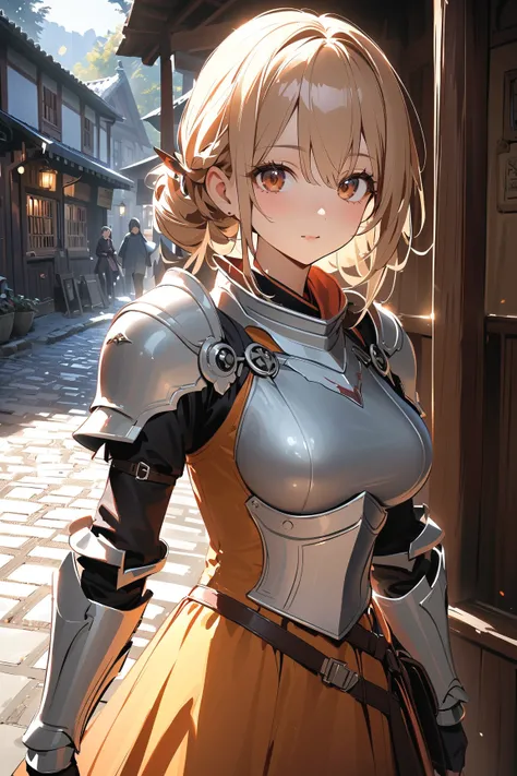 1 girl, (cute face), teenager, various hairstyles, (thoughtful expression), (gazing at the road), large breasts, slim, (wearing fantasy game style knight armor), above knee length, (porcelain skin),  
BREAK  
Carriage stop, cobblestone path, (standing guar...