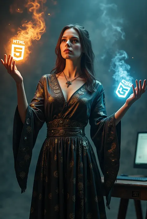  I want a female magician in 3d with a computer and raising her hand with the html logos,css,java script 