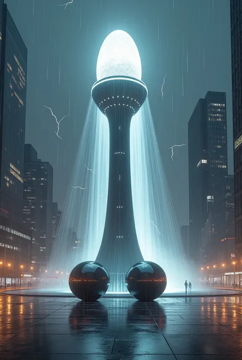 An aerial view of a monument in the shape of a round column, with an egg-shaped tip spraying out a thick white fountain of water as white raindrops all over the city, tall and made of a special material that looks like shiny black metal, glowing all around...