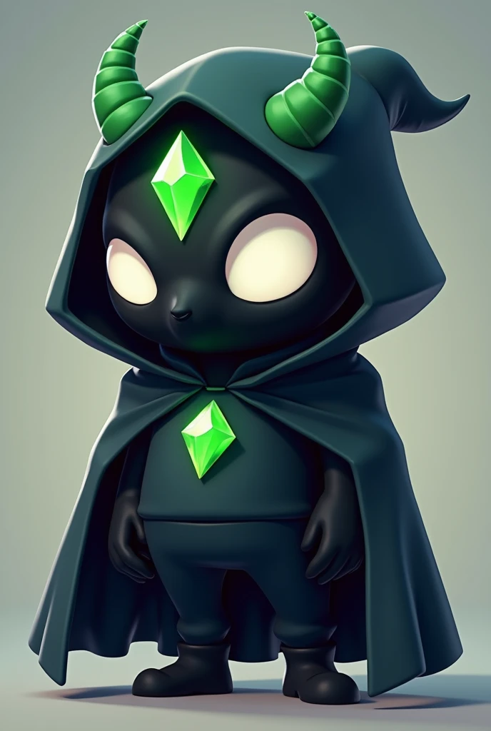  An all-around character with a large black cape that covers his entire body to the ground,  he has a black mask with green crystal horns and a green crystal on his forehead , He has big white eyes .  3D retro game-style character 