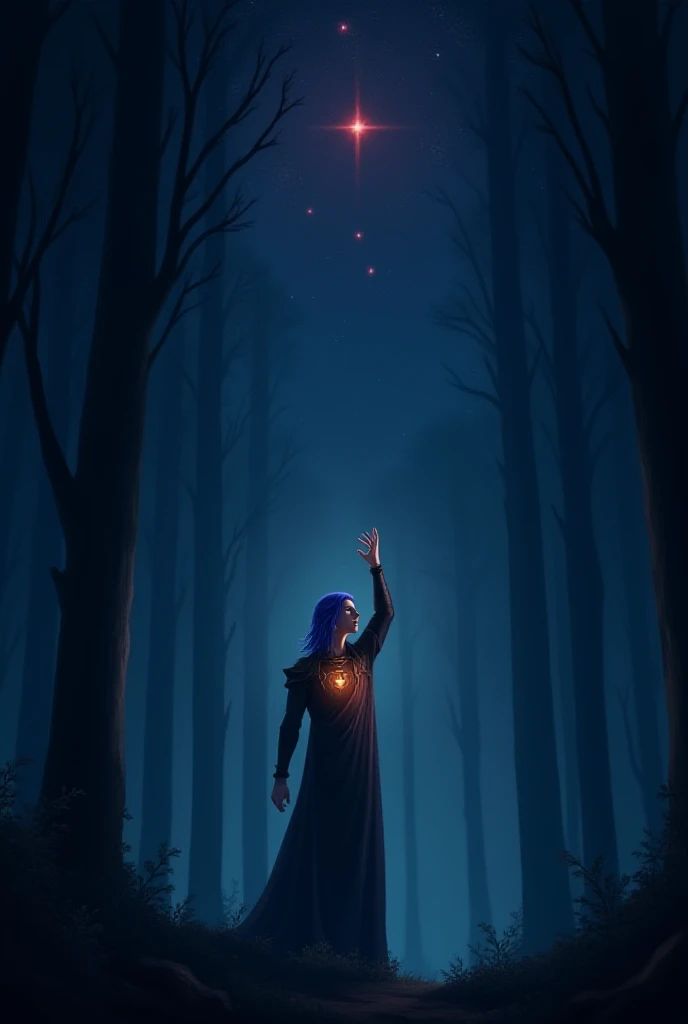 male elf, blue hair,  looking at the dark starry sky, surrounded by trees ,  a red star shines brightly in the sky, he extends a hand to heaven ,  a yellow light on his chest  