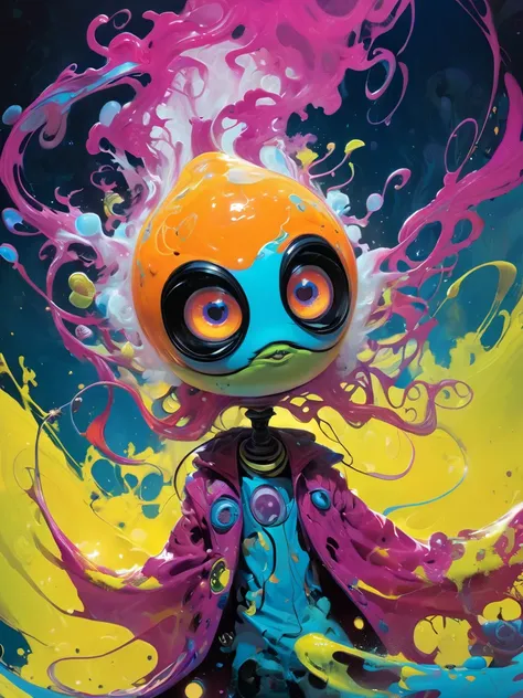 a ghost, oil painting, pop art style, vibrant colors, dynamic composition, Skottie Young and Bill Sienkiewicz inspired, detailed textures, dramatic lighting, surreal elements, fantastical creatures, bold brushstrokes, striking contrast, whimsical atmospher...