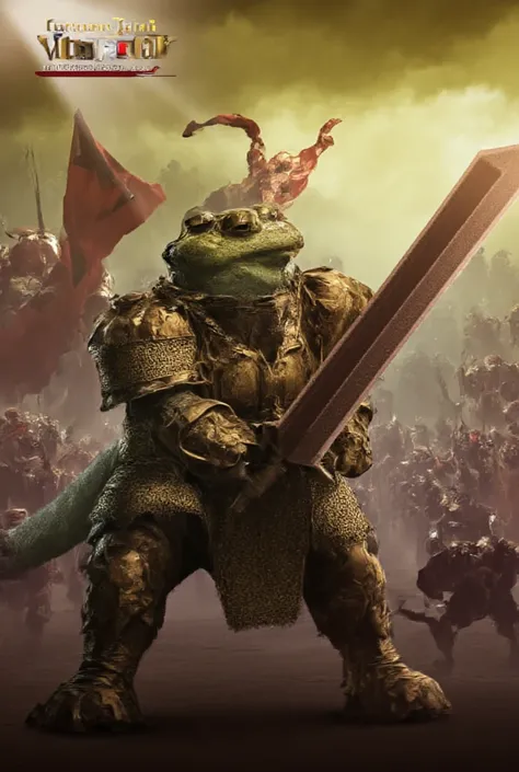 An antomorphic frog knight, wearing heavy armor and a bastard sword, standing on a battlefield, over many s, in a victory pose, incredibly detailed, a masterpiece, vivid colors, electrifying light