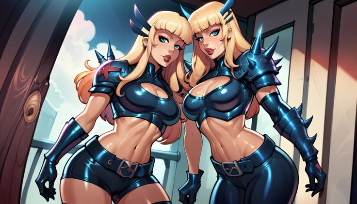 MagikMarvel, 1girl, large breasts, blonde hair, midriff, long hair,  cleavage cutout, navel, short shorts, black gloves, spikes, belt, lips, bangs, blue eyes, toned, black shorts, crop top, shoulder armor, reiq art style, ((wearing open toe boots))