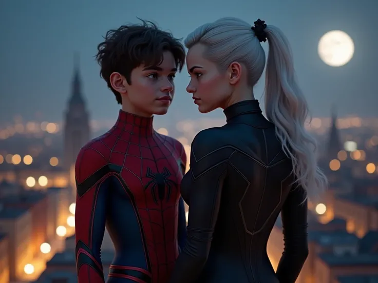 Create a realistic photo taken from afar of the characters Peter Parker (this boy have a wavy tiktok hair, 18 years, with an young attractive face and slim atlhetic body) and felicia hardy(black cat spider manPS5)( this girl have a very big ass and big boo...