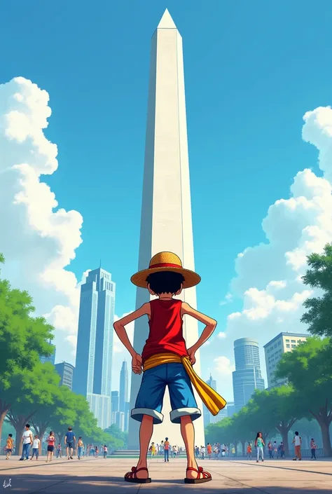 Monkey d Luffy berada di  depan monumen nasional Indonesia 