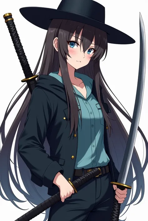  you can make an 18-year-old girl ,  white skin ,  dark brown hair long to the waist ,  sky blue eyes, light blue flannel ,  black jacket ,  black stingy hat,  black pants , Hold 2 katanas firmly in your hands, anime style 