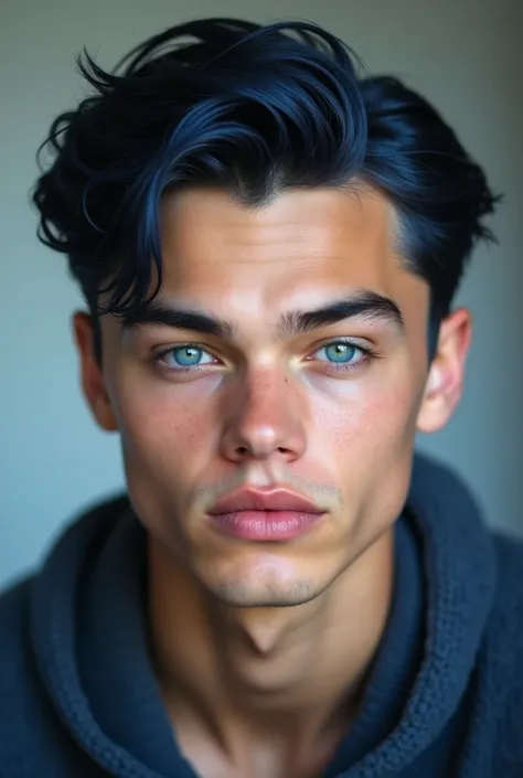 I want a portrait of a tall white boy with blue eyes with a reflection of innocence ,  his navy blue hair that his lips are thick with a touch of pink that he is not so thin and that his hairstyle is like that of Leonardo DiCaprio that his jaw is not so ma...