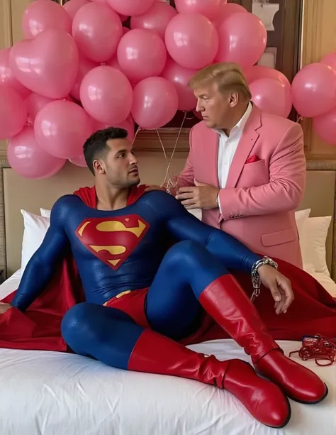 Superman was put on bed with his limbs bound by chains. 
Superman and  US President Trump pose in heart shape by hands together .Superman and  US President Trump lie on bed .  US President Trump wearing pink suits and very handsome.background is a hotel fi...