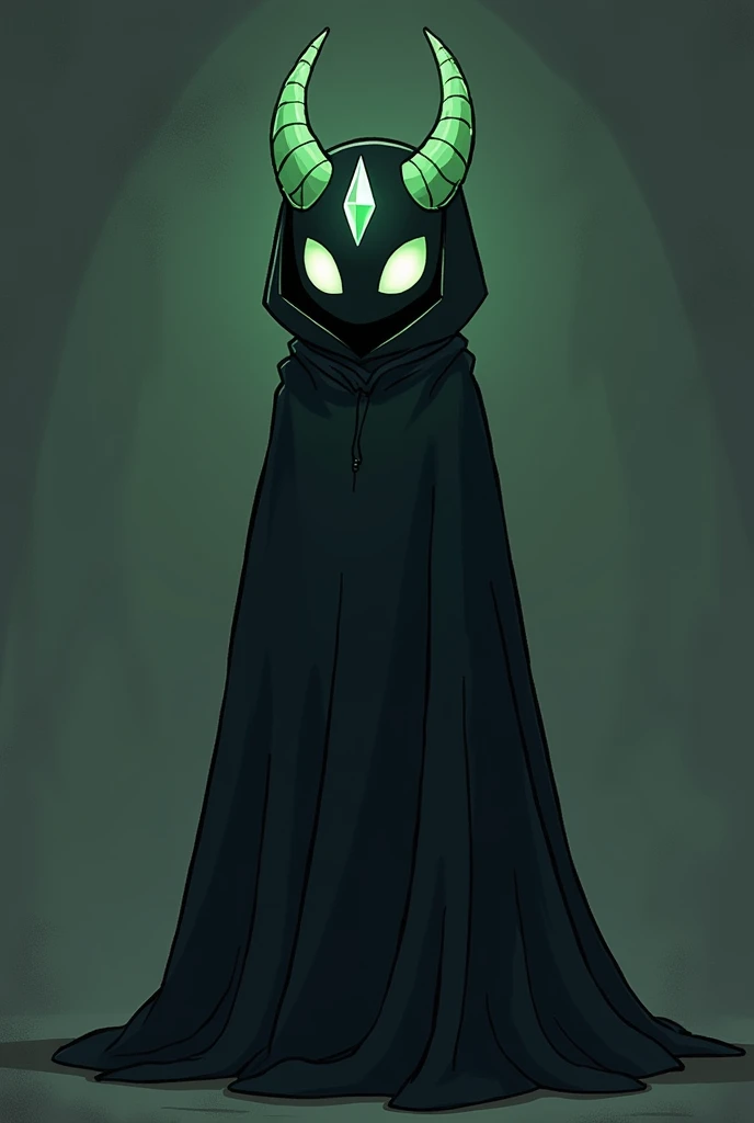 A character with a completely black body ,  its cover attached to the body that completely covers it goes down to the floor ,  and its mask of green crystal horns and big white eyes with a crystal in the middle of the forehead.  I want it to be done in an ...