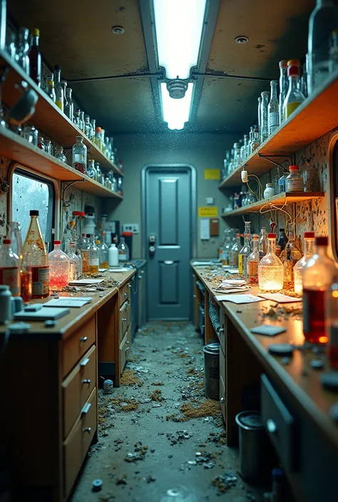 A laboratory all messed up inside a trailer with chemical reactions and broken bottles