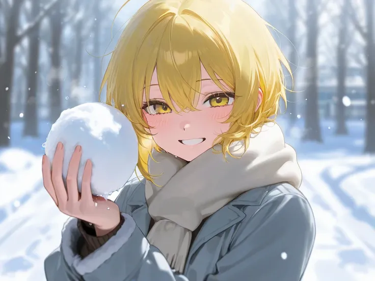 Sexy girl with yellow hair has a snowball fight with you on a snowy Christmas day
