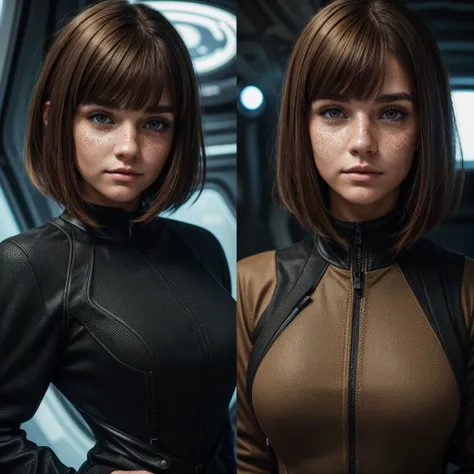  beautiful 23-year-old adult woman with fair skin and freckles on her face ,  freckles are under her eyes .  light brown eyes , short light brown hair with bangs,  defined body.  She wears a black jumpsuit with long sleeves glued to her entire body, scifi ...