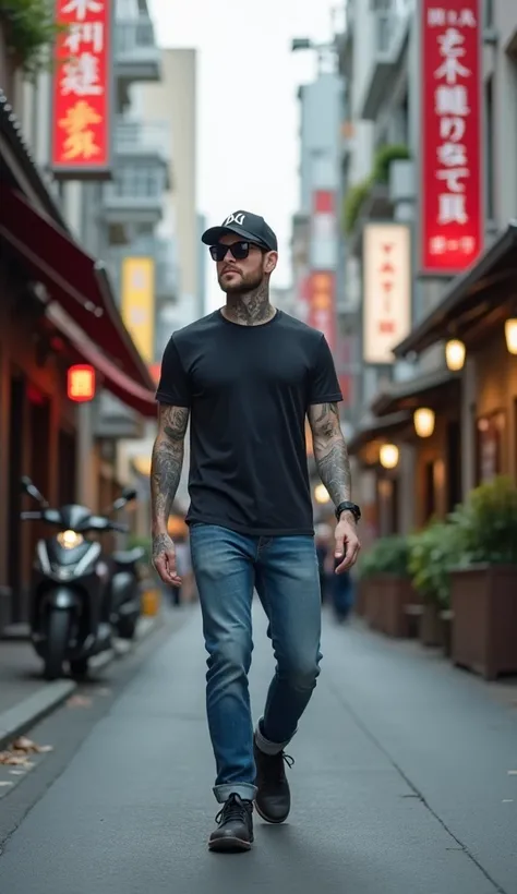 A handsome handsome handsome tattooed guy wearing a baseball cap wearing sunglasses t-shirt jeans shoes bots walking in the city background streets of a Japanese city background of a cafe Professional living  , 4k, HD, UHD, 8K,  High detail ,          ultr...