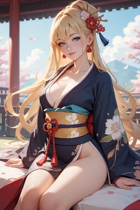 1 Blonde and long haired anime girl with bangs wearing kimono on top with lots of black eyelet brooches with no revulsion