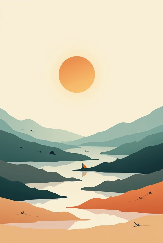 Beautiful minimalist landscape depicting fire, The air, water and land 