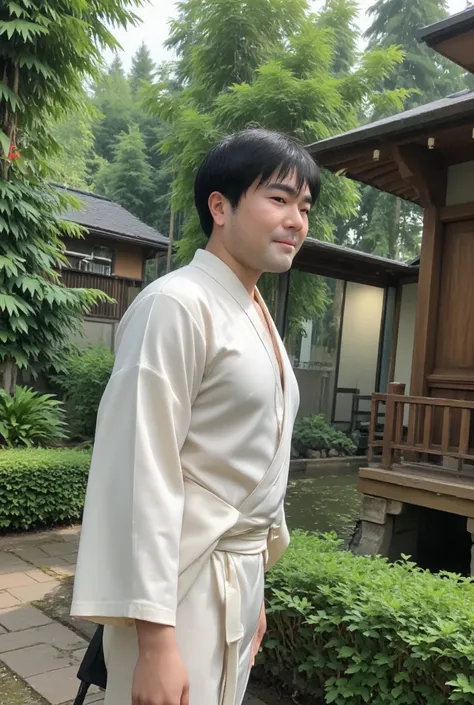 ((yukata)), ( anime style ), male,  Japanese Garden, bamboo forest, quiet, Lush greenery, Japanese atmosphere,  soft light , full body