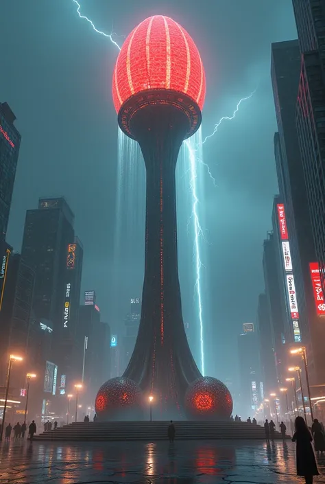 Angle view, the monument is a circular shape with a red glowing egg-shaped end, spraying white water into the sky and staining the city with white water, tall and made of a special material similar to human skin, with visible tendons, glowing all around it...