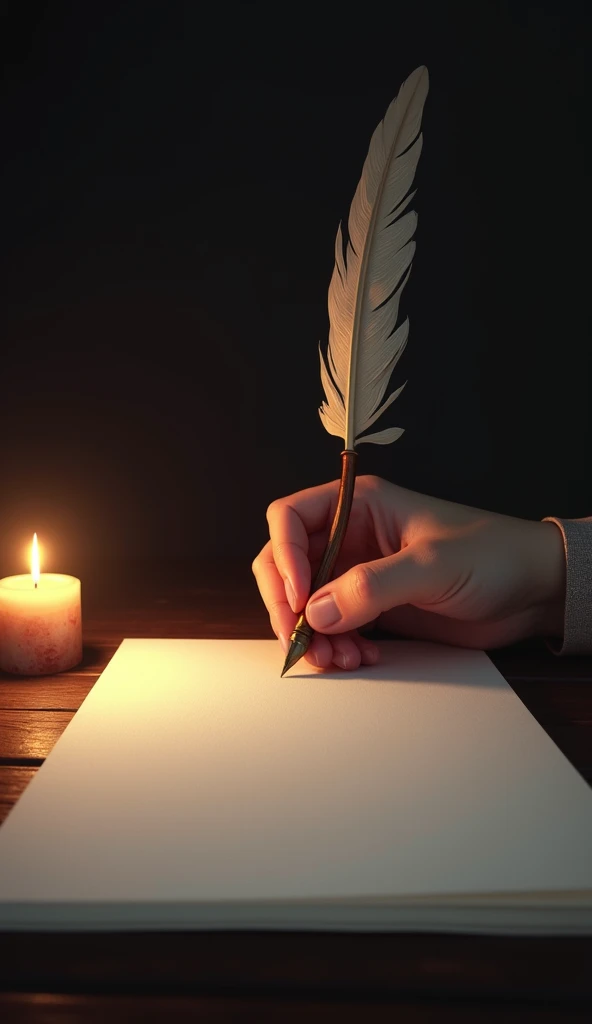 straight blank paper dark page with pen and candle glowing beside it