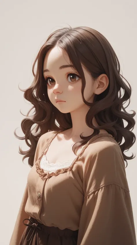 Create a brown anime character with a slightly round face, very dark brown eyes, wavy brown hair with sexy clothes.