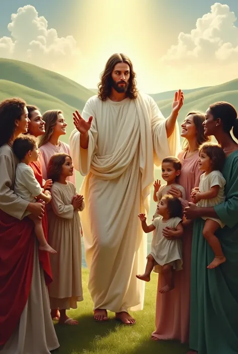 "An artistic depiction of Jesus blessing a group of mothers and their ren. Jesus is dressed in white robes, radiating kindness and serenity, with his hands raised in a gesture of blessing. The mothers, of diverse ethnicities and cultures, stand or kneel ne...