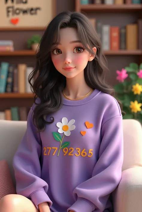 Create a detailed 3D model of a beautiful woman with light brown eyes, dark chocolate brown hair, and very pretty eyelashes. She should have bangs going forward and be wearing a purple sweatshirt that says “27792365”. The sweatshirt should have a flower , ...