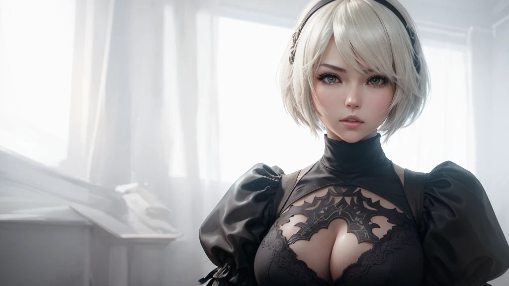  highest image quality taken by Ki、 high definition、See-through costume、 NieR:Automata、2b、Big Breasts、oversized breasts 、Thin neck、Glossy lips、Pull your chin in、