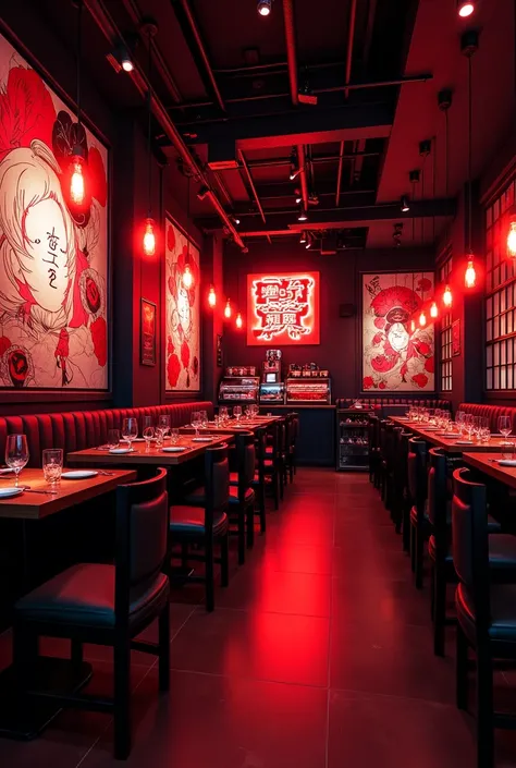 Anime themed restuarant with black and red color