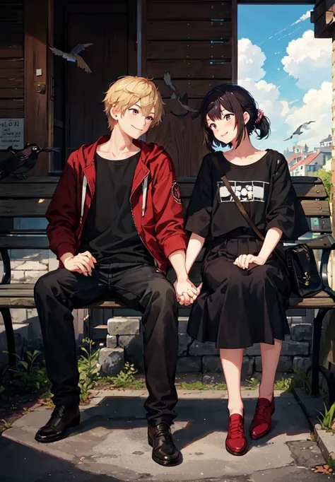 (masterpiece:1.3), best quality, official art, 1girl, 1boy, (cute:1.3), sitting on a park bench, (holding hands), smiling, blushing, (bright), (:D:0.6), sun light, cumulonimbus clouds, birds