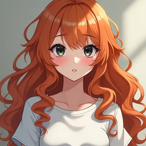 1girl, Super Detailed, Long Hair, Orange hair, Curly hair, Black Eyed, White t shirt, Anime,