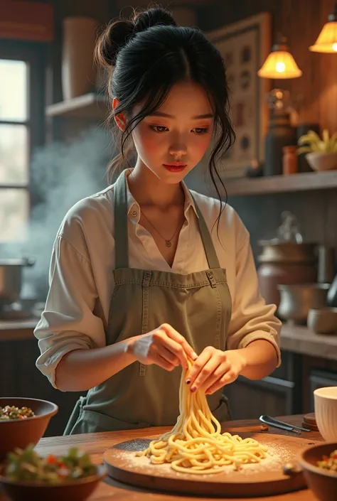 a beautiful girl making a noodle with shop background 