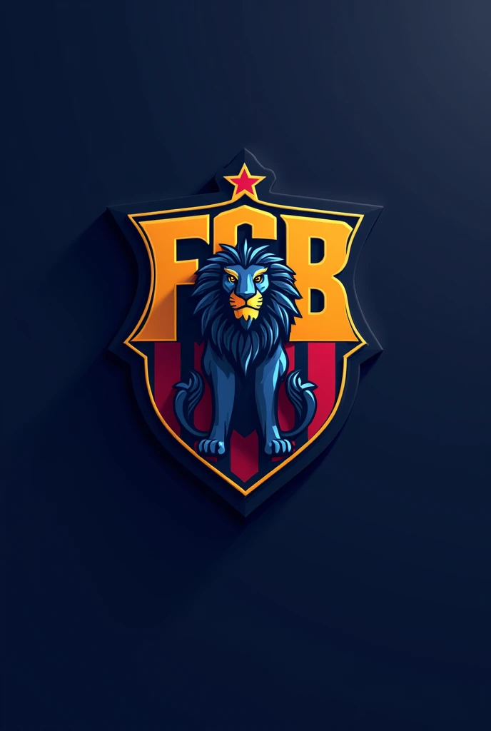 Front view 2D logo in the shape of the word “FCB”, with a lion, in the colors blue and maroon, and Catalonia. Dark blue background.