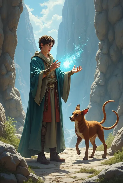  a brown-haired male wizard about 22 years old who corrects the land., Controlling the rocky land , The beast is a brown sport with two tails