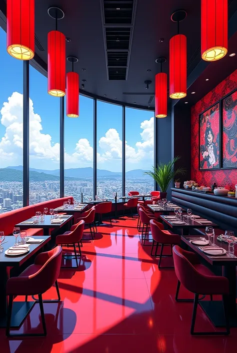 Show me 10 black and red anime themed restuarant with a specious view