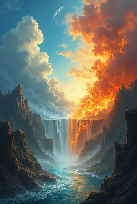  Beautiful landscape that is half air,  half fire , half water ,  half earth 