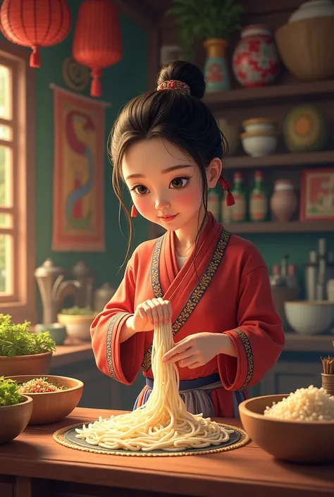 shan girl making a noodle of shan food with shop background 