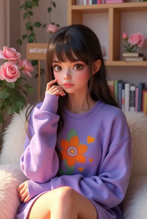 Create a detailed 3D model of a beautiful woman with light brown eyes, dark chocolate brown hair, and very pretty eyelashes. She should have bangs going forward and be wearing a purple sweatshirt that says “2779-2365”. The sweatshirt should have a flower ,...