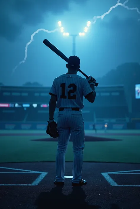  a baseball player on a field ,  in a batting position or with the bat loaded on his shoulder,  with a storm in between , o rain ,  the baseball player who is with his back to the image ,  that is on blue backgrounds or colors ,  blue or dark but showing t...