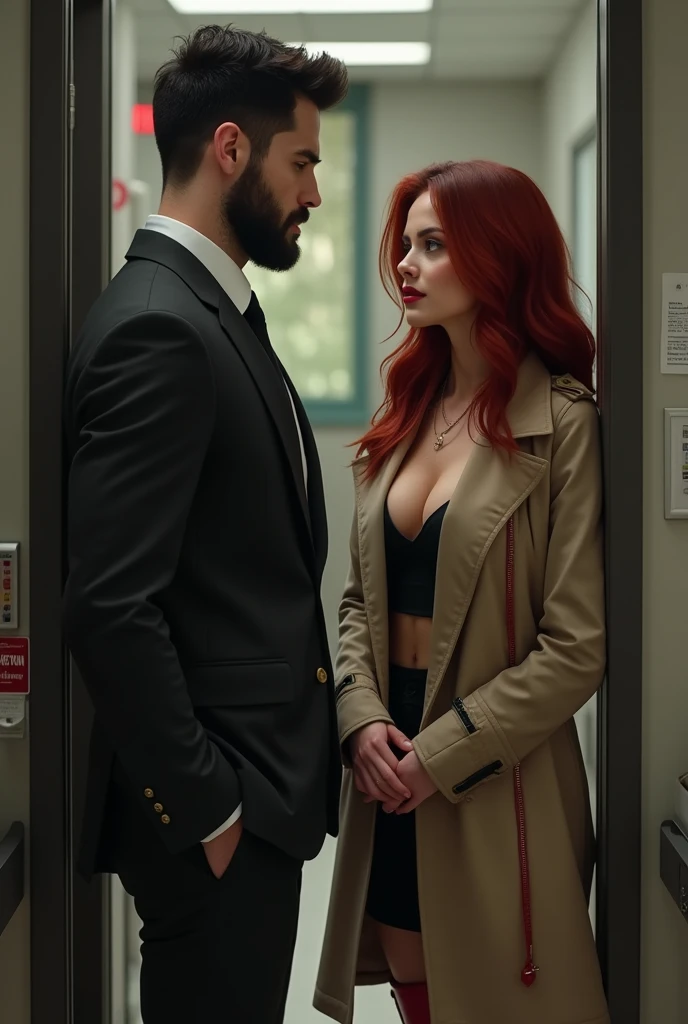 Realistic young man ,  short black hair, trimmed beard, tall muscular, wearing a suit,  chatting with a young woman long black hair ,  black eyes red lips dressed in red boots and a trench coat both are in an office and at the door a young woman, redhead, ...