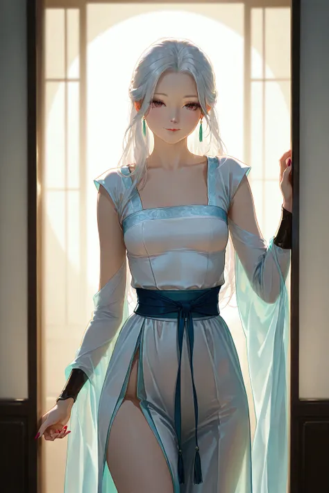 seductive_smile, white hair ,white hanfu, small breasts, long hair, guofeng, chinese clothes, 1girl, solo,
realistic, nail polish, standing, from viewer,  cowboy shot, 
masterpiece, best quality, realistic, 8k, official art, cinematic light, ultra high res...