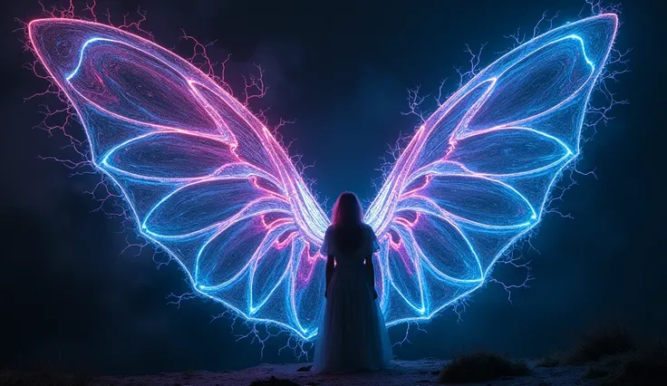 The same velvet night as before, now more vibrant, with swirling neon electric patterns forming around her wings of steel. The seams of her wings crackle with energy, releasing bursts of light into the dark sky.