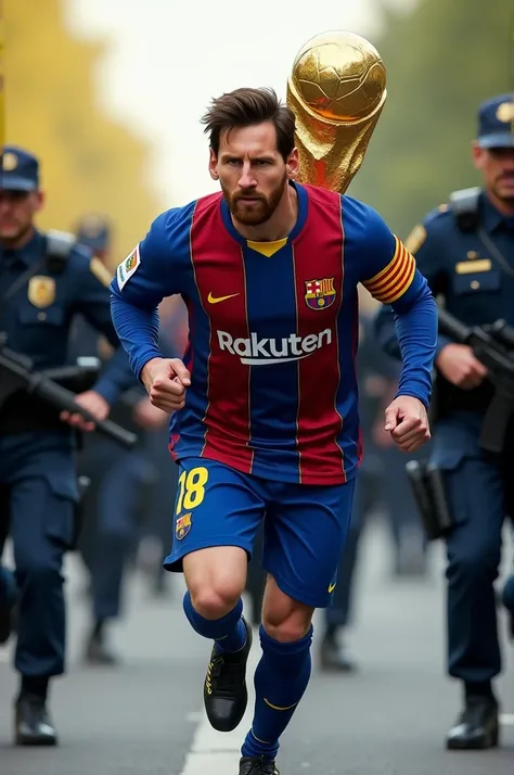 Messi is running with FIFA World Cup his back is full with police Messi where FC Barcelona Jersey 