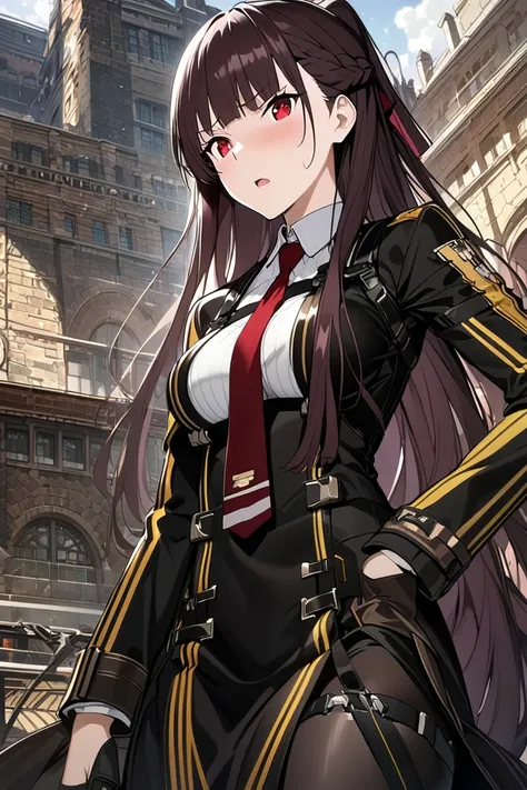 4k,masterpiece, best quality, ultra detailed, high resolution, super fine illustration, extremely detailed CG, intricate, professional quality,wa2000(girls frontline), 1girl, solo, tsundere girl,long hair, purple hair,half updo,red eyes, large breasts, bla...