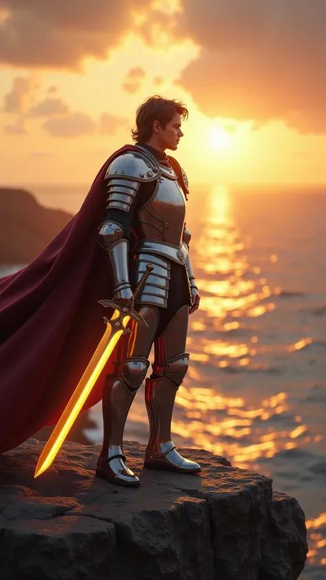 A young knight in polished silver armor, holding a glowing sword, standing on the edge of a cliff overlooking a vast ocean, golden sunset casting long shadows, highly detailed armor and sword, epic fantasy realism, cinematic lighting, high resolution --ar ...